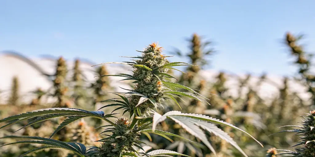 Acapulco Gold Auto pěstovaná venku s horským pozadím