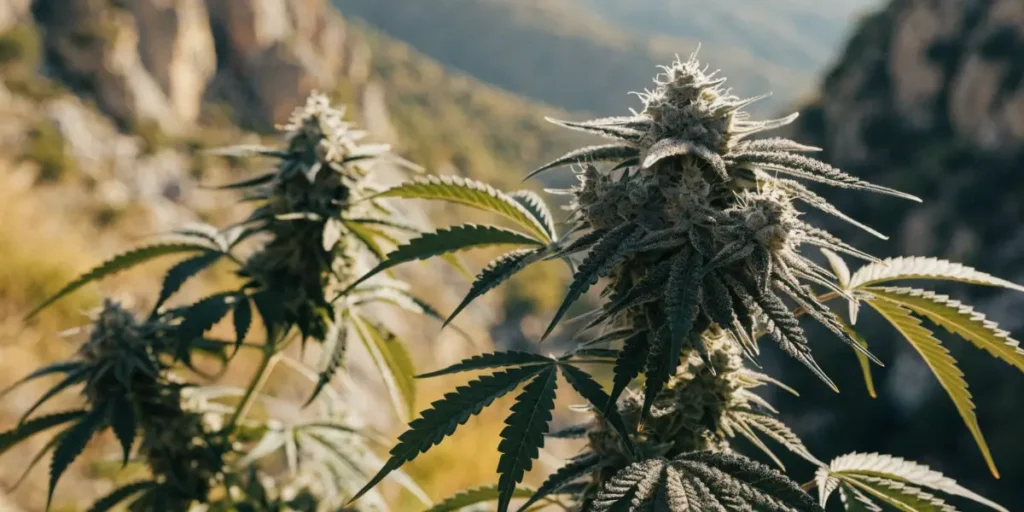 Detail květů Afghan Kush v horském prostředí