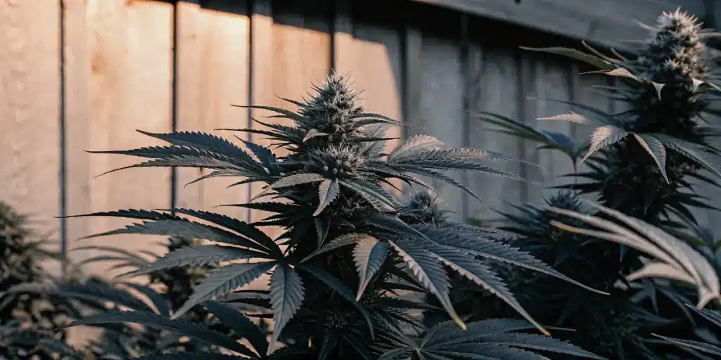 Afghan Kush u dřevěné stěny při venkovním pěstování