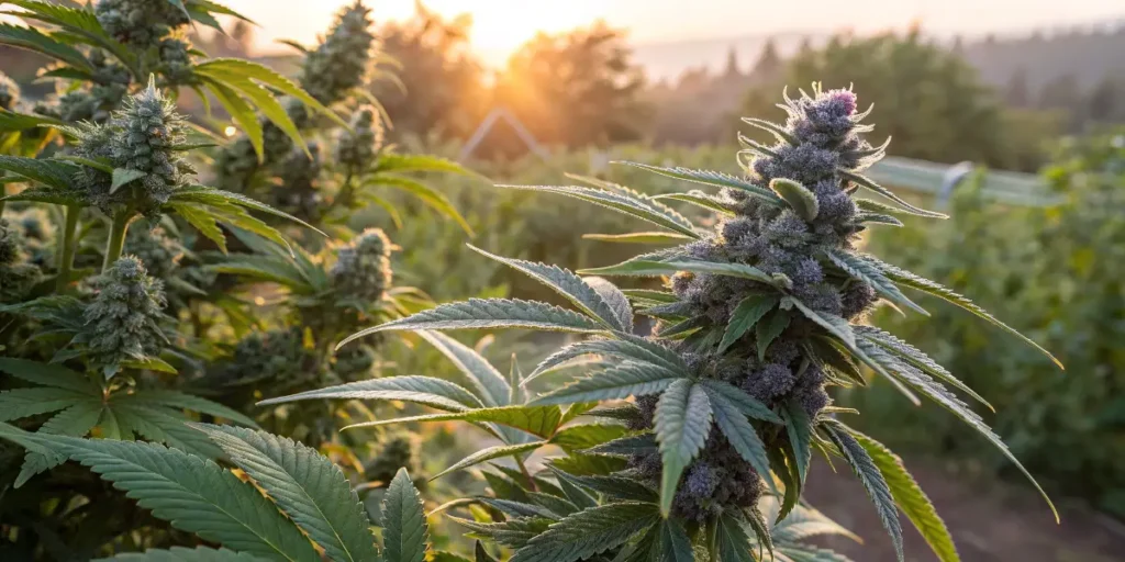 Fialové květy Afghan Kush při západu slunce