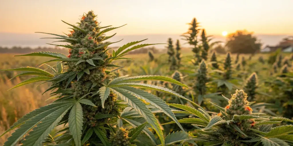 Afghan x Haze na venkovní plantáži při západu slunce