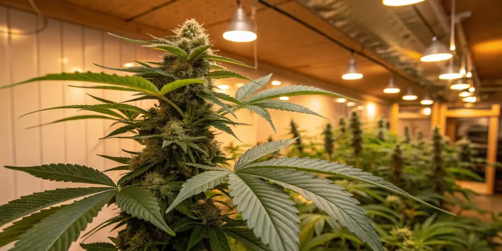 Kvetoucí konopí pod LED osvětlením v indoor pěstírně