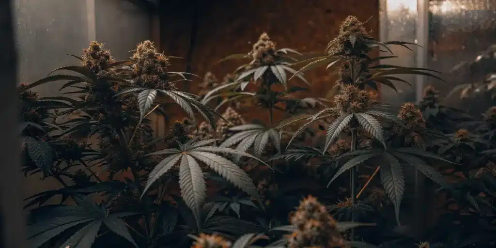 Konopí s hustými květy při indoor pěstování